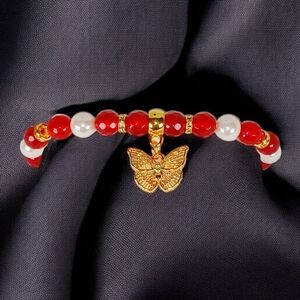 Ruby Chalcedony Mother of Pearl Bracelet with Butterfly Charm Butterflycore Y2K